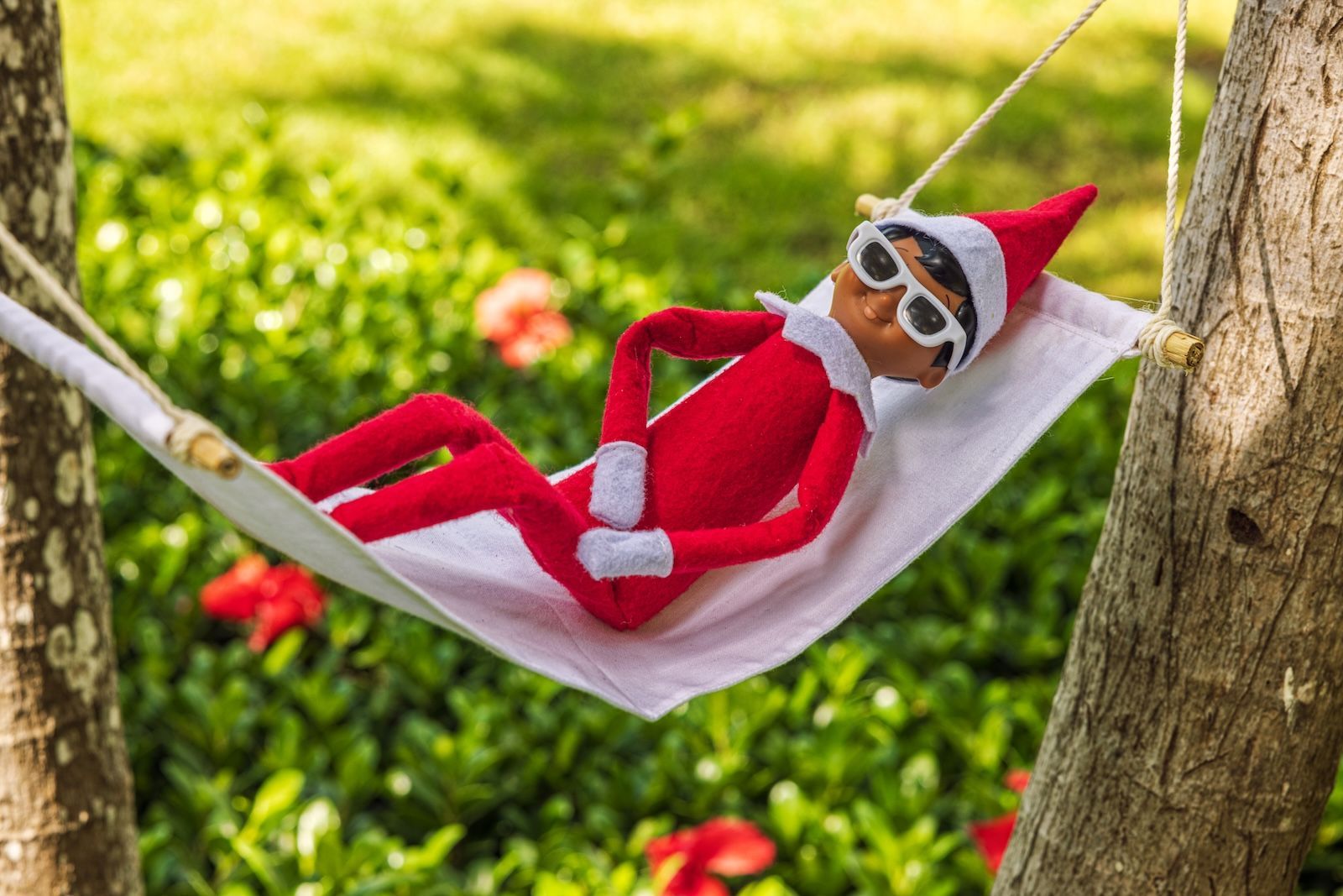 scout elf from elf in the shelf relaxing in hammock wearing sunglasses